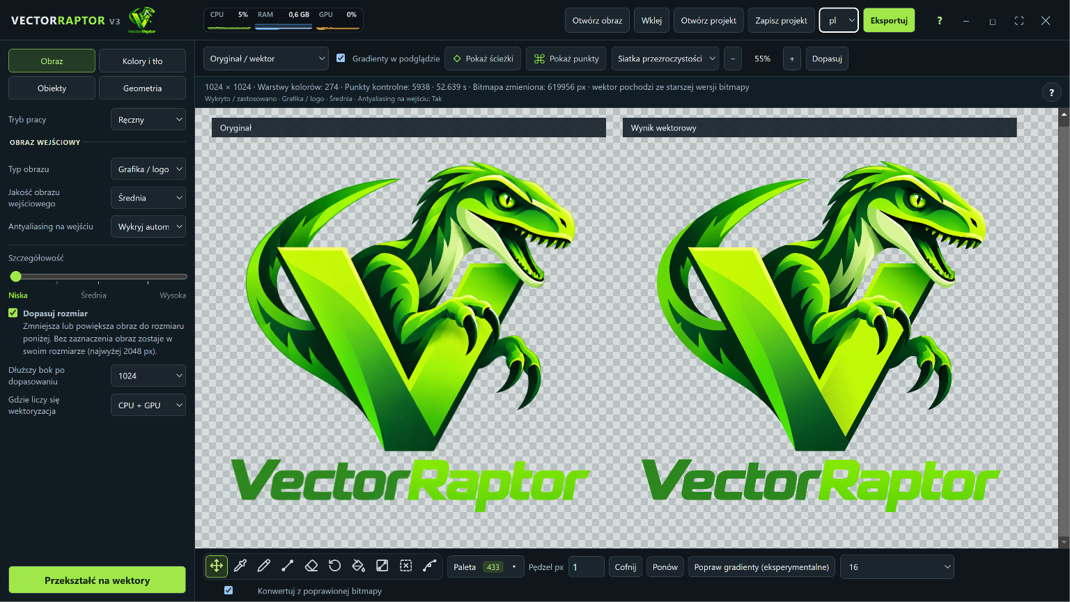 VectorRaptor po polsku — porównanie oryginału i wektora